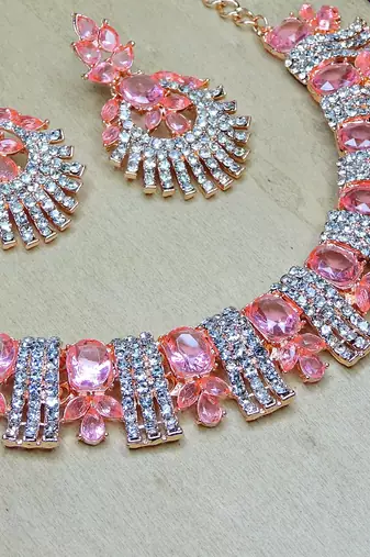 Pink rose gold premium designer american diamond and stone work necklace set