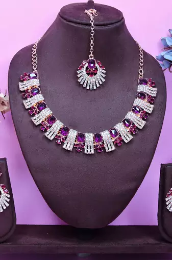 Purple rose gold premium designer american diamond and stone work necklace set