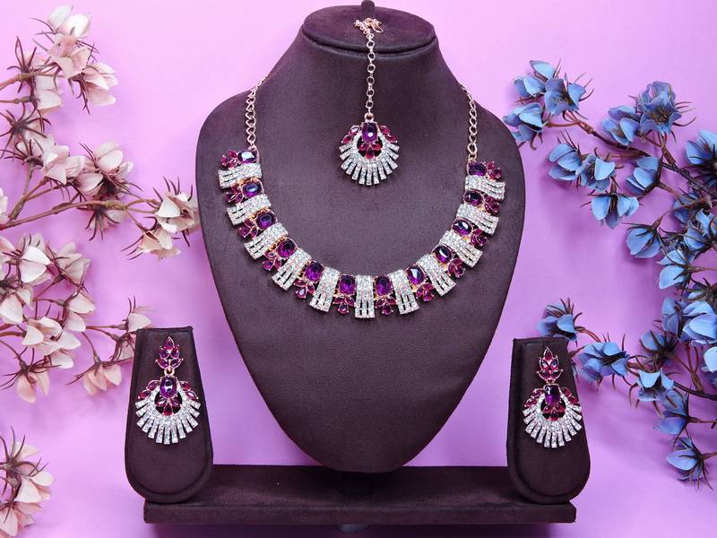 Purple rose gold premium designer american diamond and stone work necklace set