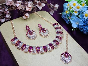 Purple rose gold premium designer american diamond and stone work necklace set 2