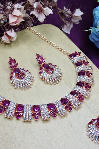 Purple rose gold premium designer american diamond and stone work necklace set