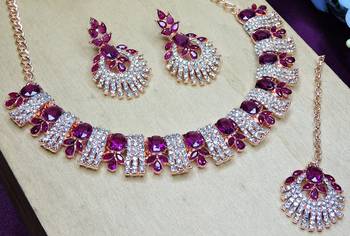 Purple rose gold premium designer american diamond and stone work necklace set 3