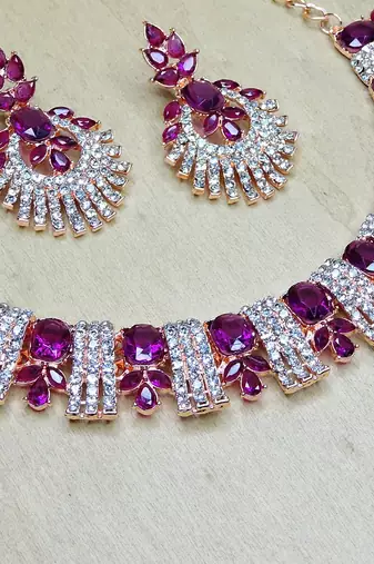 Purple rose gold premium designer american diamond and stone work necklace set