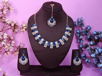 Blue rose gold premium designer american diamond and stone work necklace set 1