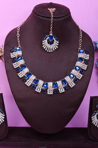 Blue rose gold premium designer american diamond and stone work necklace set