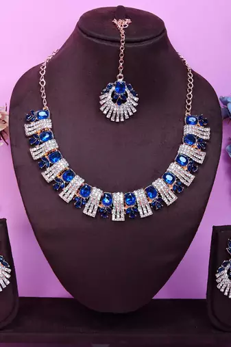 Blue rose gold premium designer american diamond and stone work necklace set
