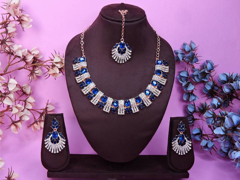 Blue rose gold premium designer american diamond and stone work necklace set