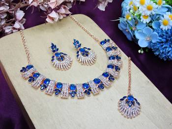 Blue rose gold premium designer american diamond and stone work necklace set 2