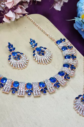 Blue rose gold premium designer american diamond and stone work necklace set