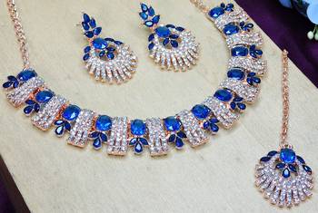 Blue rose gold premium designer american diamond and stone work necklace set 3