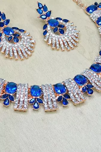 Blue rose gold premium designer american diamond and stone work necklace set