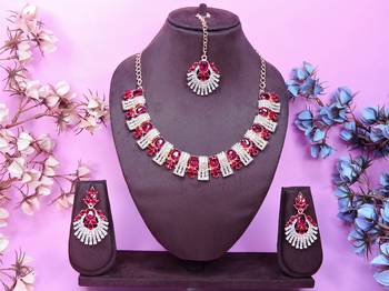 Pink rose gold premium designer american diamond and stone work necklace set 1