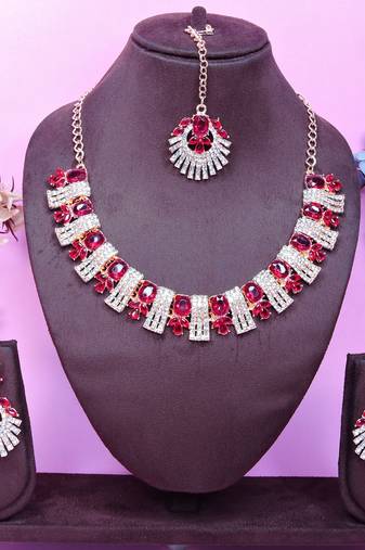 Pink rose gold premium designer american diamond and stone work necklace set