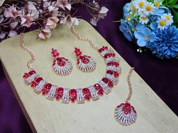 Pink rose gold premium designer american diamond and stone work necklace set 2
