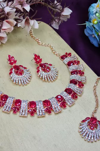 Pink rose gold premium designer american diamond and stone work necklace set