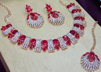 Pink rose gold premium designer american diamond and stone work necklace set 3