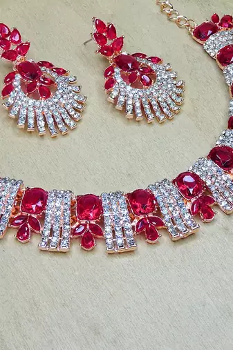 Pink rose gold premium designer american diamond and stone work necklace set