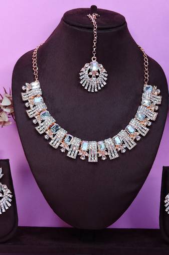 White rose gold premium designer american diamond and stone work necklace set