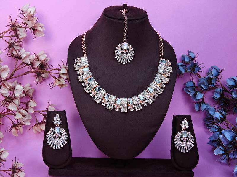 White rose gold premium designer american diamond and stone work necklace set