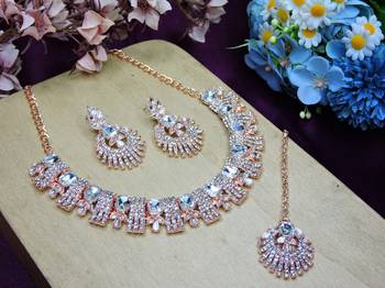 White rose gold premium designer american diamond and stone work necklace set 2