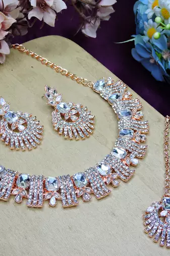 White rose gold premium designer american diamond and stone work necklace set