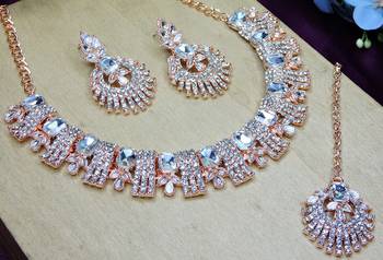 White rose gold premium designer american diamond and stone work necklace set 3