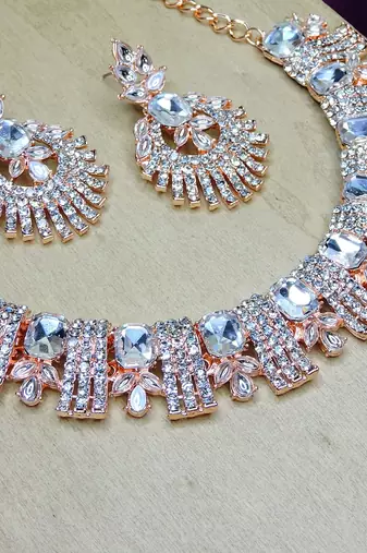White rose gold premium designer american diamond and stone work necklace set