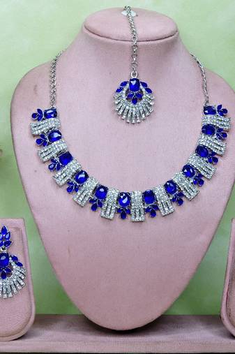 Blue rhodium premium designer american diamond and stone work necklace set