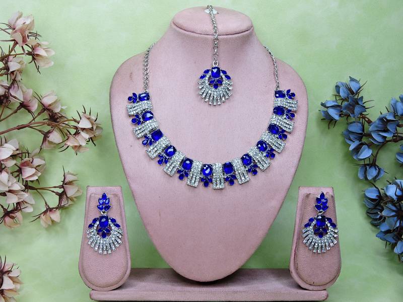Blue rhodium premium designer american diamond and stone work necklace set