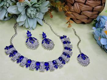 Blue rhodium premium designer american diamond and stone work necklace set 2