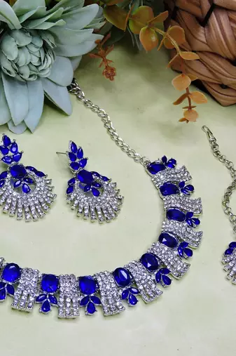 Blue rhodium premium designer american diamond and stone work necklace set