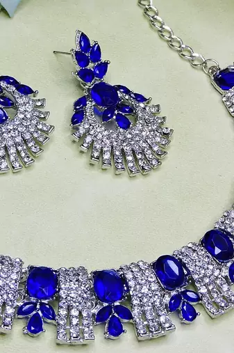 Blue rhodium premium designer american diamond and stone work necklace set