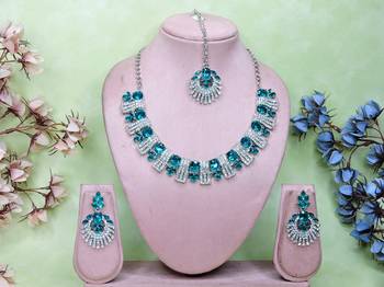 Green rhodium premium designer american diamond and stone work necklace set 1