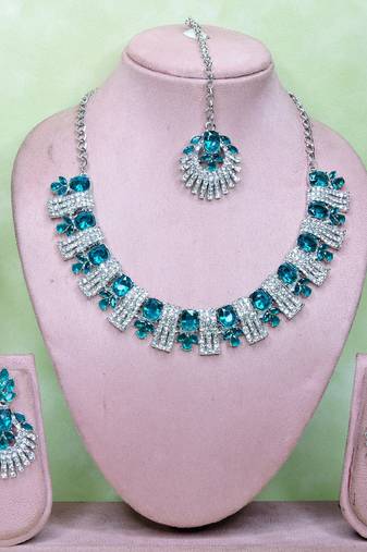 Green rhodium premium designer american diamond and stone work necklace set