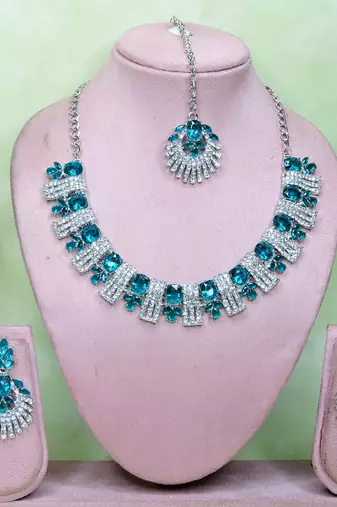 Green rhodium premium designer american diamond and stone work necklace set