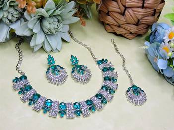 Green rhodium premium designer american diamond and stone work necklace set 2