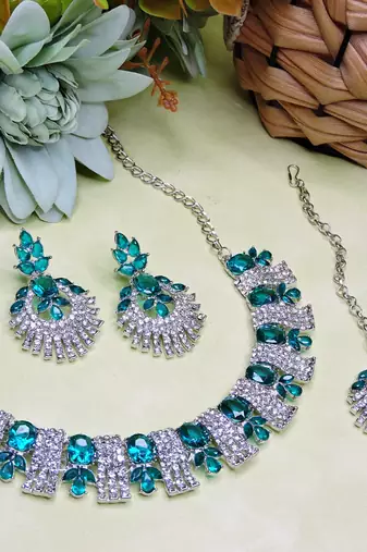 Green rhodium premium designer american diamond and stone work necklace set