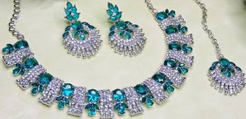 Green rhodium premium designer american diamond and stone work necklace set 3
