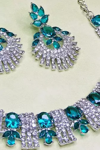 Green rhodium premium designer american diamond and stone work necklace set