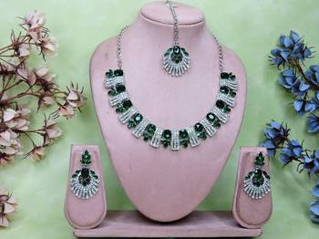 Green rhodium premium designer american diamond and stone work necklace set 1