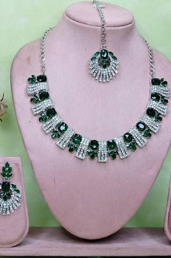 Green rhodium premium designer american diamond and stone work necklace set
