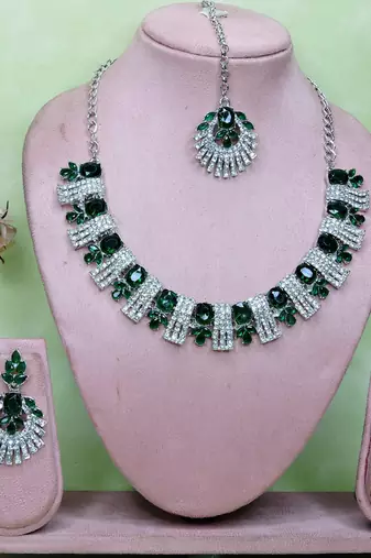 Green rhodium premium designer american diamond and stone work necklace set