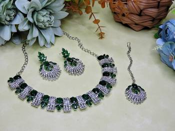 Green rhodium premium designer american diamond and stone work necklace set 2