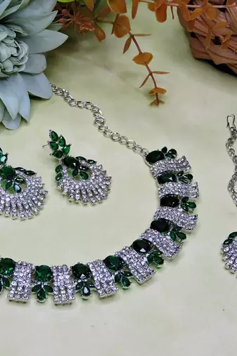 Green rhodium premium designer american diamond and stone work necklace set
