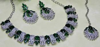 Green rhodium premium designer american diamond and stone work necklace set 3