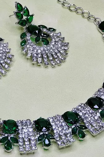 Green rhodium premium designer american diamond and stone work necklace set