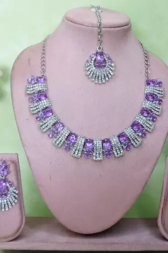 Purple rhodium premium designer american diamond and stone work necklace set