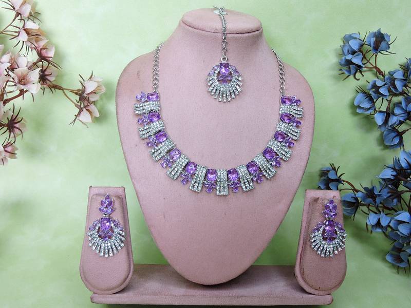 Purple rhodium premium designer american diamond and stone work necklace set