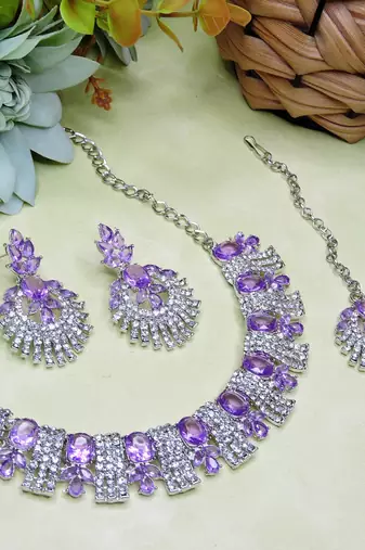 Purple rhodium premium designer american diamond and stone work necklace set