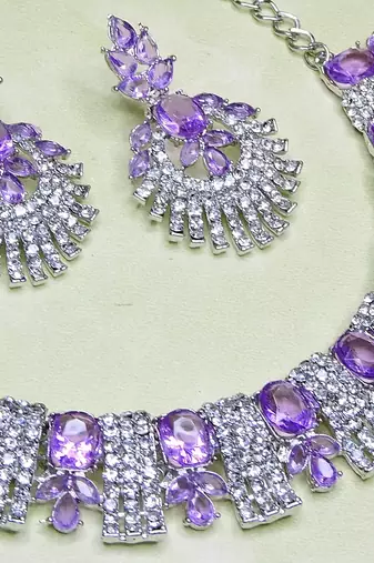 Purple rhodium premium designer american diamond and stone work necklace set